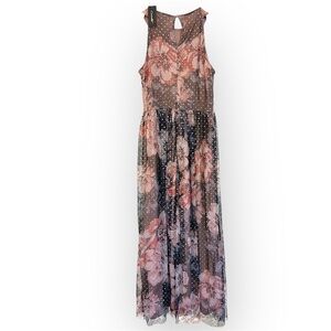 Candelite formal maxi dress, floral peonies, blush pink, gold polka dots S, NWT